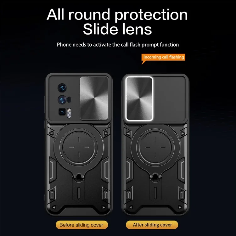 Étui à béquille pour Xiaomi Poco F5 Pro 5G / Redmi K60 5G / K60 Pro 5G Coque en PC+TPU avec couvercle coulissant pour caméra - Noir