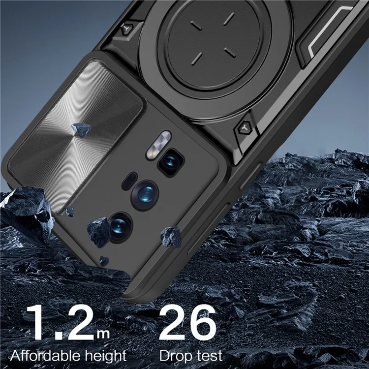 Étui à béquille pour Xiaomi Poco F5 Pro 5G / Redmi K60 5G / K60 Pro 5G Coque en PC+TPU avec couvercle coulissant pour caméra - Noir