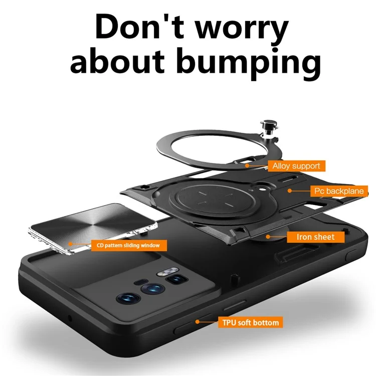Étui à béquille pour Xiaomi Poco F5 Pro 5G / Redmi K60 5G / K60 Pro 5G Coque en PC+TPU avec couvercle coulissant pour caméra - Noir