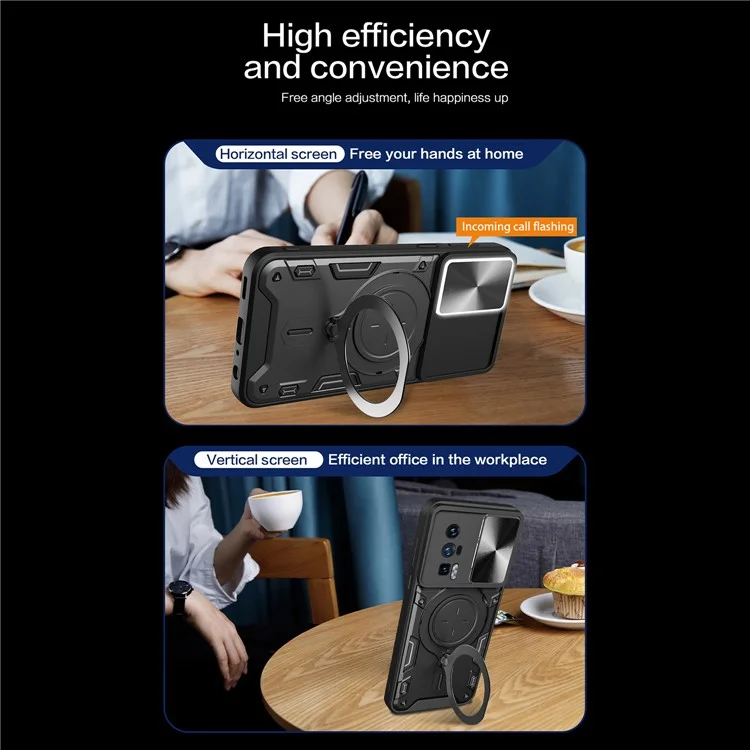Étui à béquille pour Xiaomi Poco F5 Pro 5G / Redmi K60 5G / K60 Pro 5G Coque en PC+TPU avec couvercle coulissant pour caméra - Noir