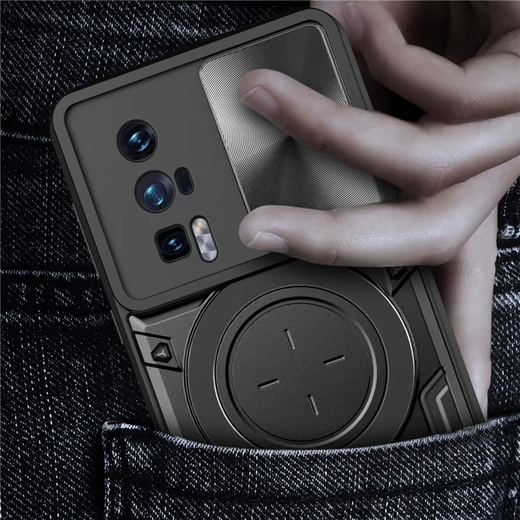 Étui à béquille pour Xiaomi Poco F5 Pro 5G / Redmi K60 5G / K60 Pro 5G Coque en PC+TPU avec couvercle coulissant pour caméra - Noir