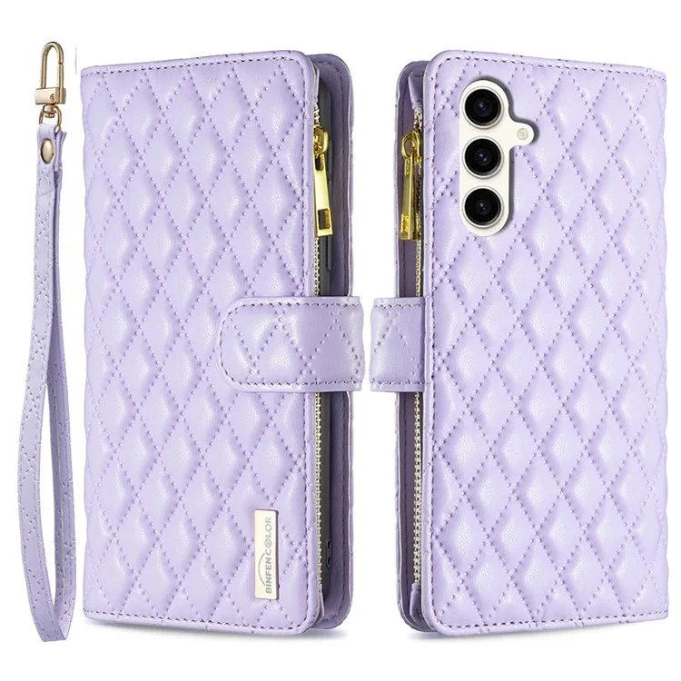 BINFEN COLOR BF Style-15 для Samsung Galaxy S23 FE Кожаный чехол-бумажник с молнией Подставка Чехол для телефона - Фиолетовый