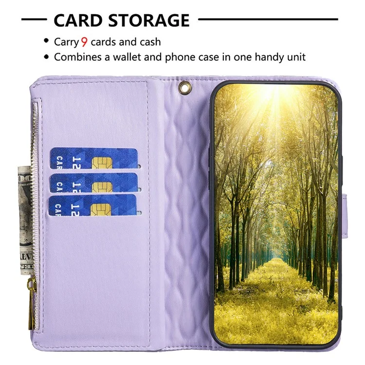BINFEN COLOR BF Style-15 для Samsung Galaxy S23 FE Кожаный чехол-бумажник с молнией Подставка Чехол для телефона - Фиолетовый