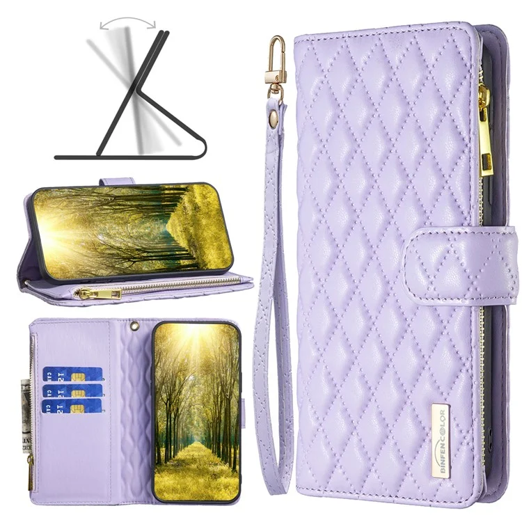 BINFEN COLOR BF Style-15 для Samsung Galaxy S23 FE Кожаный чехол-бумажник с молнией Подставка Чехол для телефона - Фиолетовый