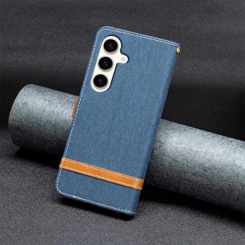 Futerał skórzany PU z tkaniny dżinsowej i portfelem na telefon Samsung Galaxy S23 FE z podstawką – granatowy