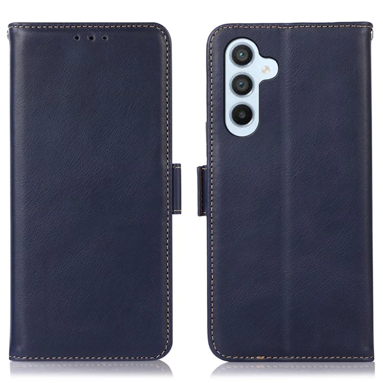 Para Samsung Galaxy S23 FE RFID Blocking Crazy Horse Texture Genuine Cow Leather Wallet Stand Cover Phone Case - Blue