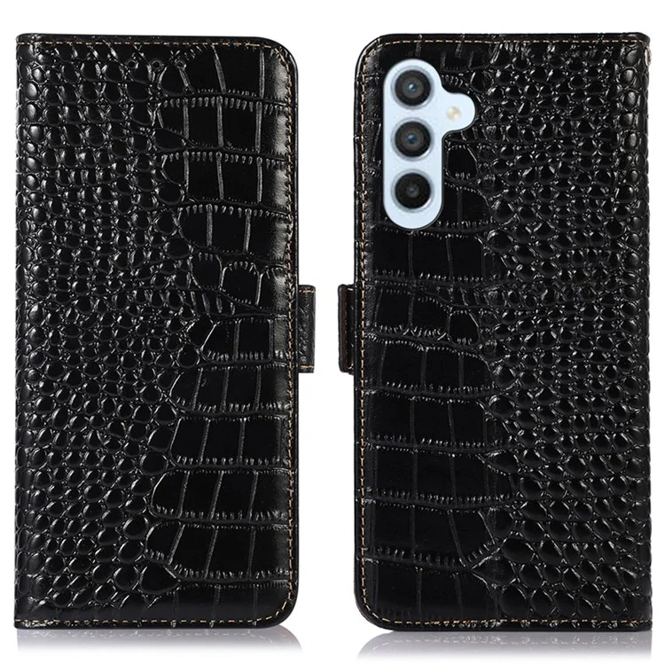 Wallet Phone Case for Samsung Galaxy S23 FE RFID Blocking Genuine Cow Leather Crocodile Texture Stand Cover - Black