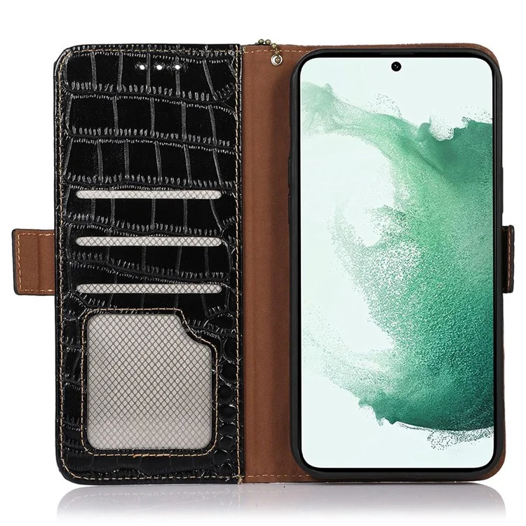 Wallet Phone Case for Samsung Galaxy S23 FE RFID Blocking Genuine Cow Leather Crocodile Texture Stand Cover - Black