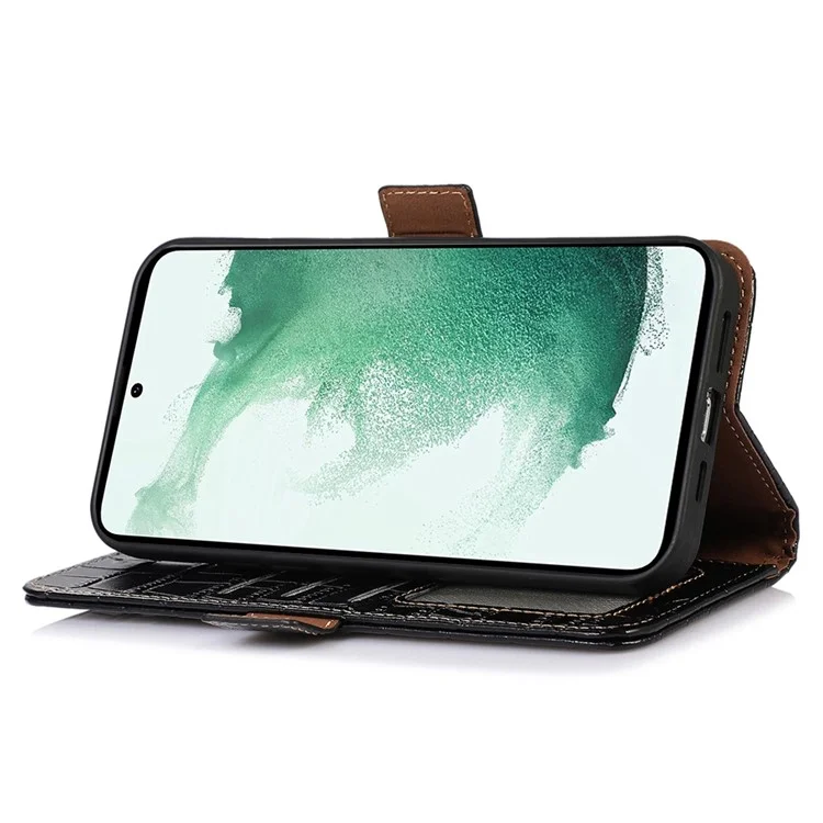 Wallet Phone Case for Samsung Galaxy S23 FE RFID Blocking Genuine Cow Leather Crocodile Texture Stand Cover - Black