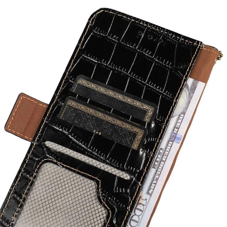 Wallet Phone Case for Samsung Galaxy S23 FE RFID Blocking Genuine Cow Leather Crocodile Texture Stand Cover - Black