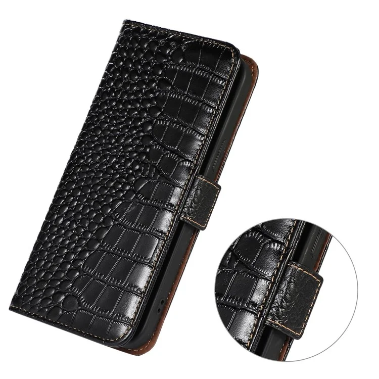Wallet Phone Case for Samsung Galaxy S23 FE RFID Blocking Genuine Cow Leather Crocodile Texture Stand Cover - Black