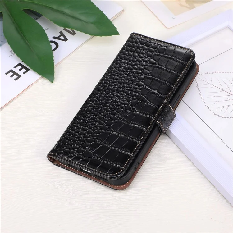 Wallet Phone Case for Samsung Galaxy S23 FE RFID Blocking Genuine Cow Leather Crocodile Texture Stand Cover - Black
