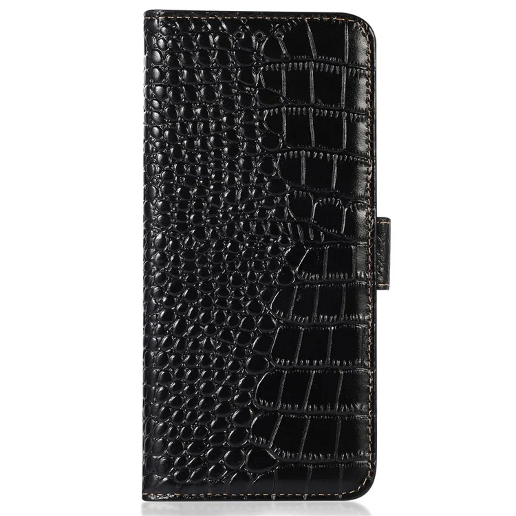 Wallet Phone Case for Samsung Galaxy S23 FE RFID Blocking Genuine Cow Leather Crocodile Texture Stand Cover - Black