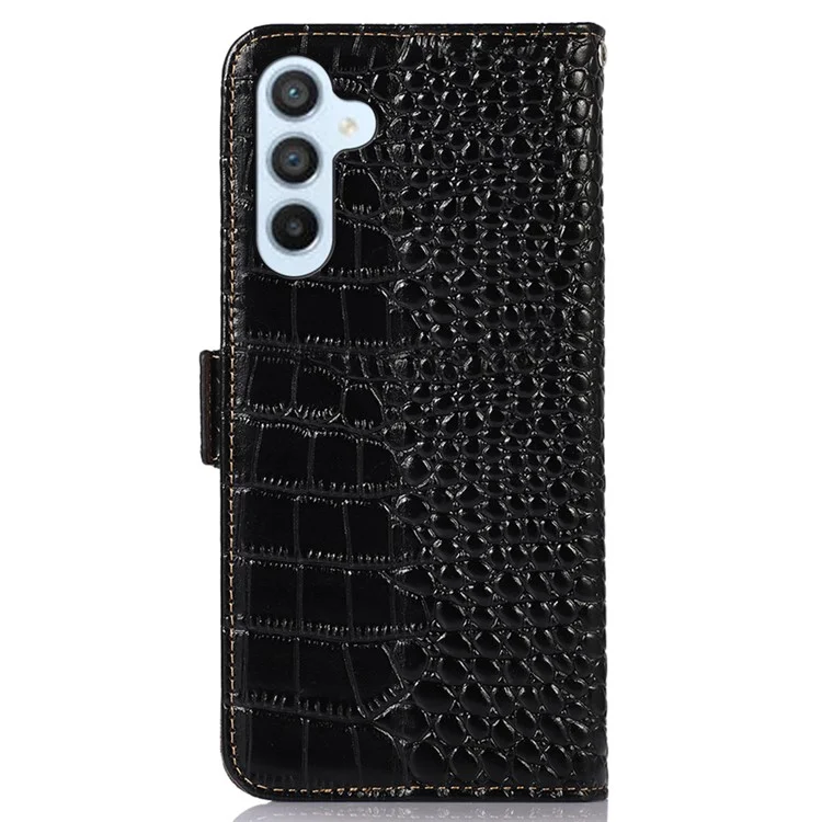 Wallet Phone Case for Samsung Galaxy S23 FE RFID Blocking Genuine Cow Leather Crocodile Texture Stand Cover - Black