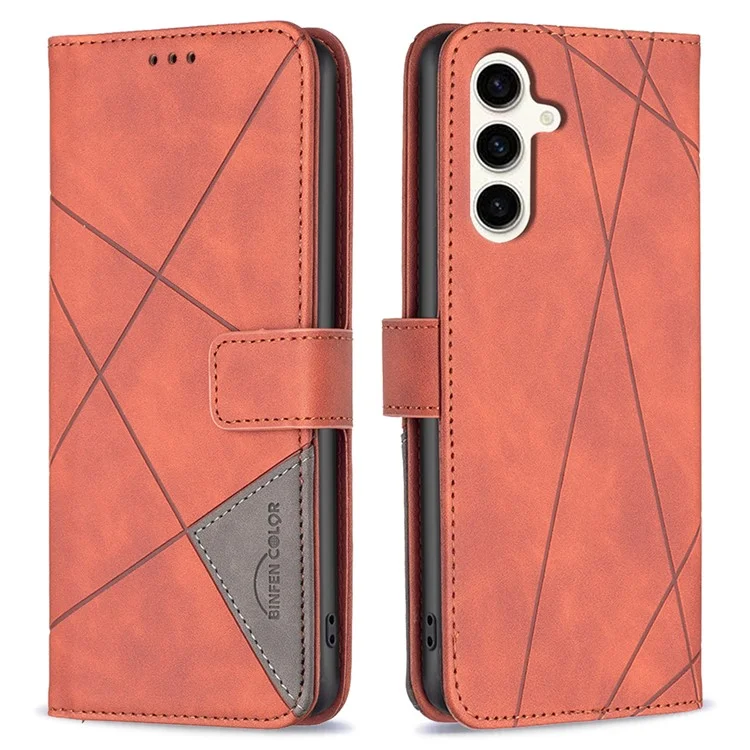 BINFEN COLOR For Samsung Galaxy S23 FE Phone Cases Wallet Stand Geometry Imprinted Leather Cover - Brown
