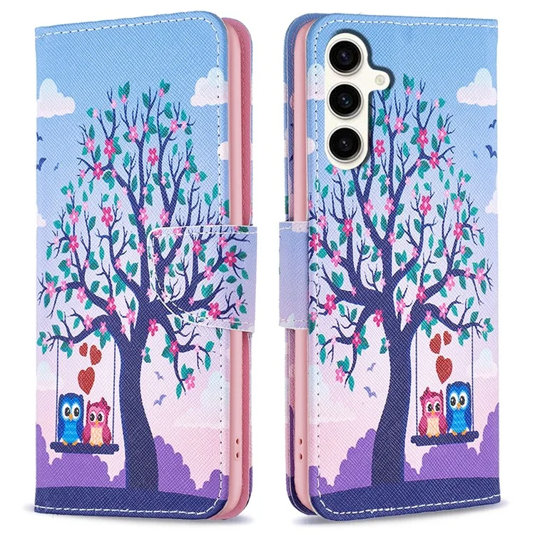 Wallet Case for Samsung Galaxy S23 FE PU Leather Pattern Printing Stand Flip Phone Cover - Two Owls