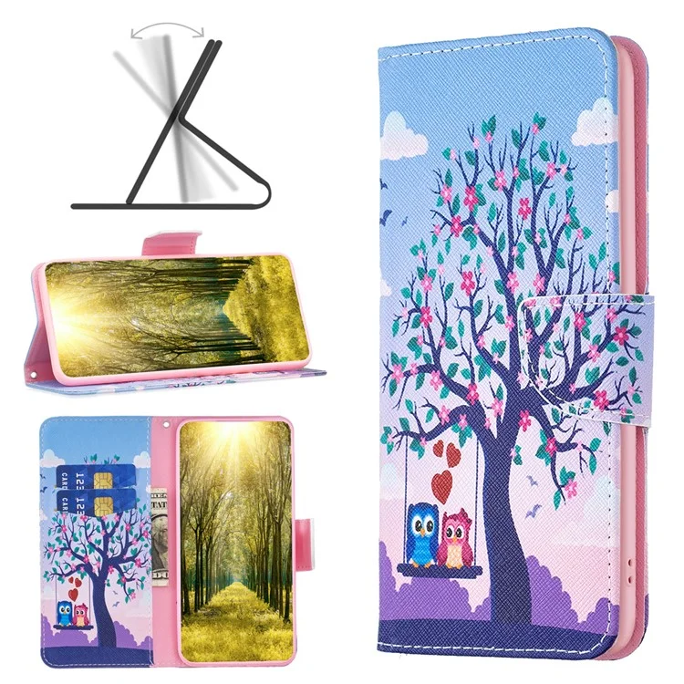 Wallet Case for Samsung Galaxy S23 FE PU Leather Pattern Printing Stand Flip Phone Cover - Two Owls