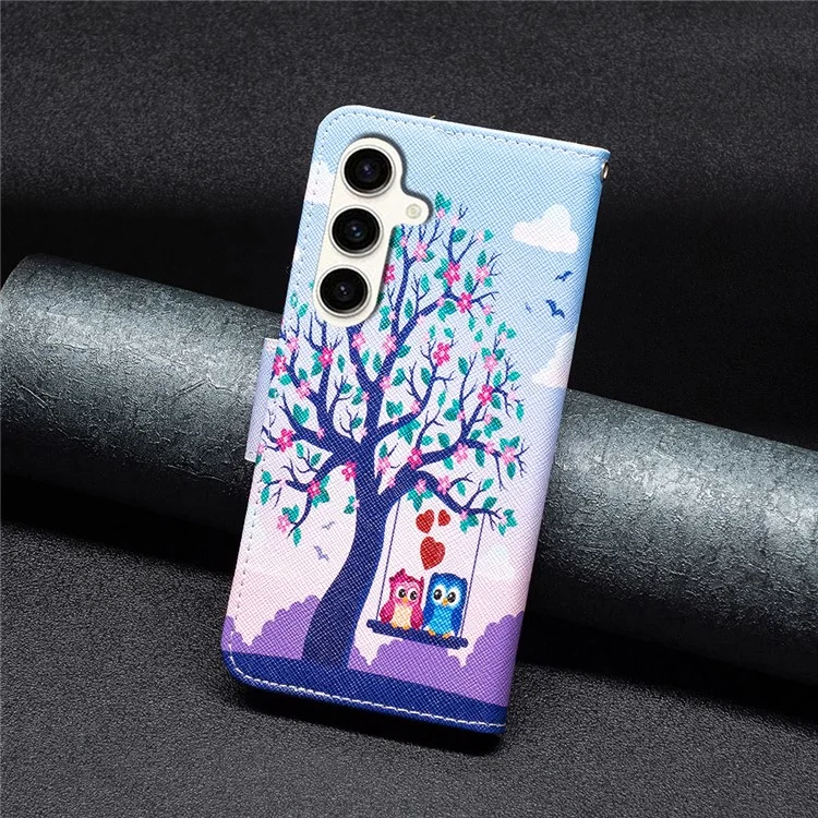 Wallet Case for Samsung Galaxy S23 FE PU Leather Pattern Printing Stand Flip Phone Cover - Two Owls