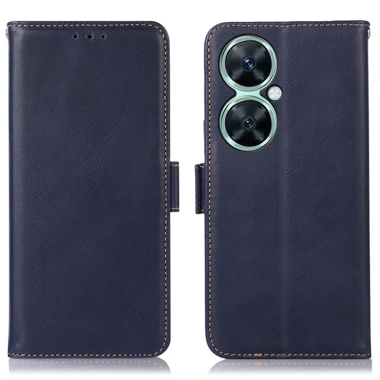 Para Huawei nova 11i / Enjoy 60 Pro / Maimang 20 Crazy Horse Texture RFID Blocking Genuine Cow Leather Wallet Stand Cover Phone Case - Azul