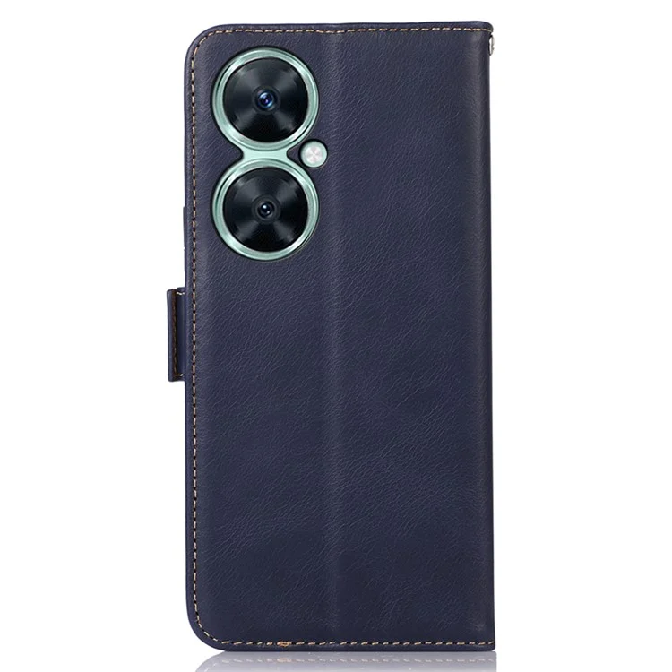 Para Huawei nova 11i / Enjoy 60 Pro / Maimang 20 Crazy Horse Texture RFID Blocking Genuine Cow Leather Wallet Stand Cover Phone Case - Azul