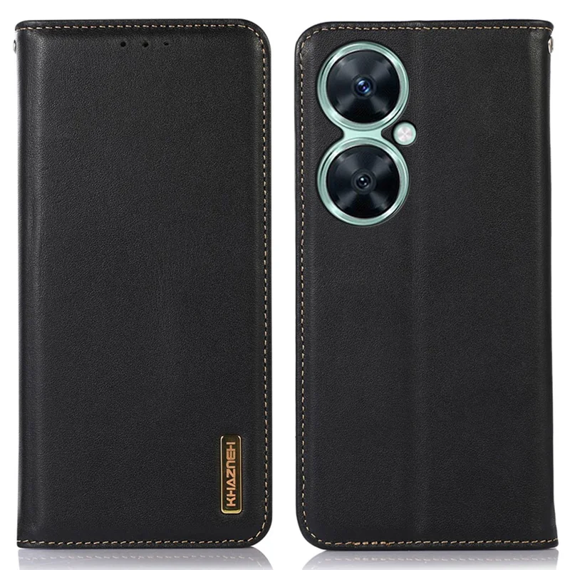 KHAZNEH For Huawei nova 11i / Enjoy 60 Pro / Maimang 20 Phone Cover Case RFID Blocking Genuine Cow Leather Wallet Stand Shell - Black