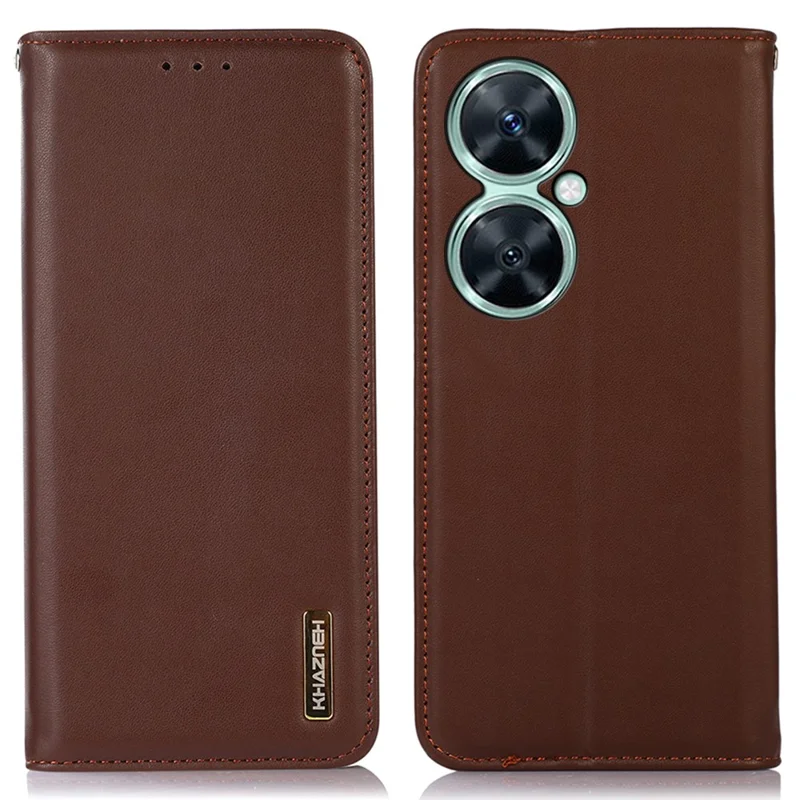 KHAZNEH For Huawei nova 11i / Enjoy 60 Pro / Maimang 20 Phone Cover Case RFID Blocking Genuine Cow Leather Wallet Stand Shell - Brown