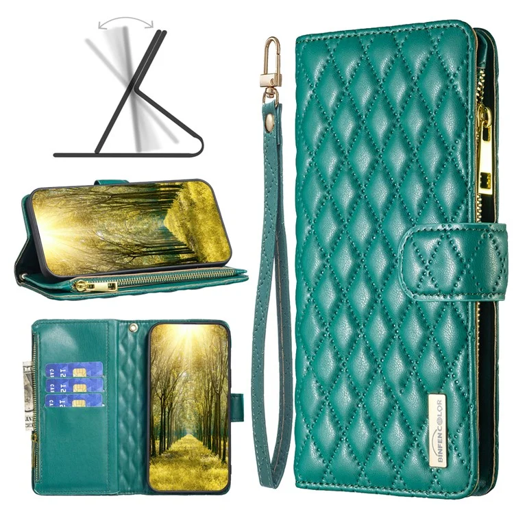 BINFEN COLOR BF Style-15 Pour Samsung Galaxy A25 5G (Global) (161,0 x 76,5 x 8,3 mm) Housse en cuir à fermeture éclair - Vert