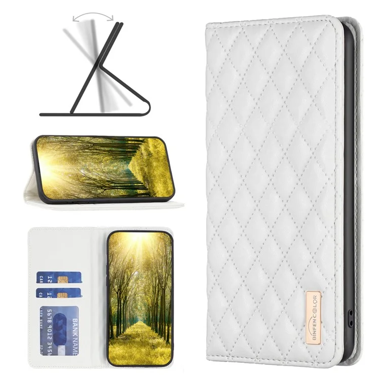 BINFEN COLOR BF Style-16 Pour Samsung Galaxy A25 5G (Global) (161,0 x 76,5 x 8,3 mm) Housse à rabat en cuir PU anti-poussière avec support et fentes pour cartes - Blanc