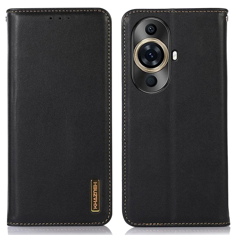 KHAZNEH For Huawei nova 11 Ultra / nova 11 Pro Genuine Cow Leather Phone Case Phone Stand RFID Blocking Wallet Cover - Black