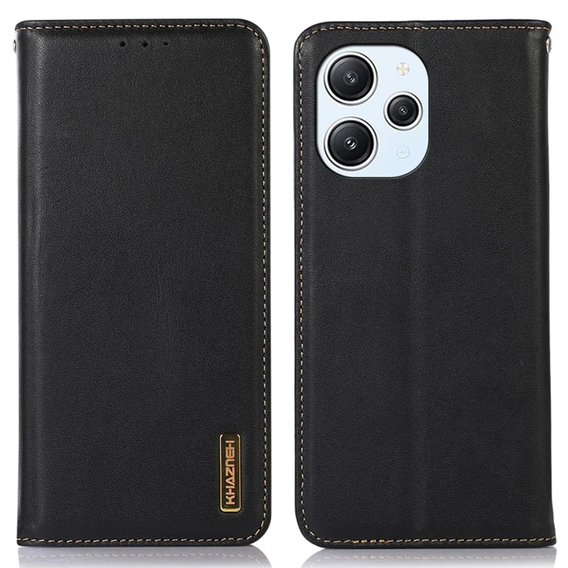 KHAZNEH Pour Xiaomi Redmi 12 4G Nappa Texture Genuine Cow Leather Wallet Case RFID Blocking Stand Cover - Noir