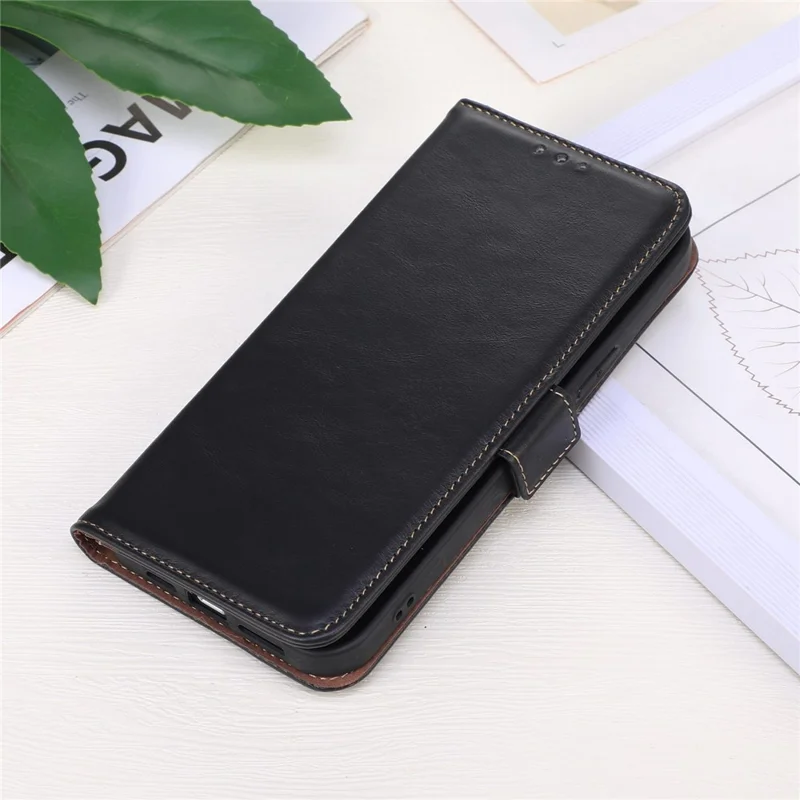 Für Xiaomi Redmi 12 4G Wallet Stand Cover RFID Blocking Genuine Cow Leather Phone Crazy Horse Texture Case - Schwarz