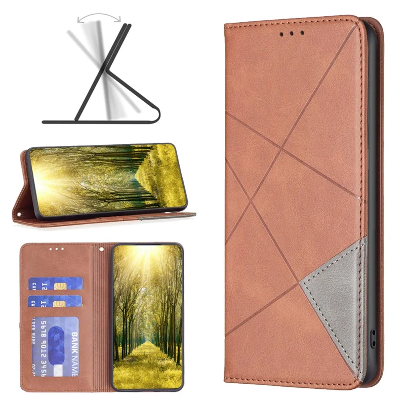 For Samsung Galaxy A25 5G (Global) (161.0 x 76.5 x 8.3mm) Card Holder Mobile Case Imprinted Line Leather Stand Phone Cover - Brown
