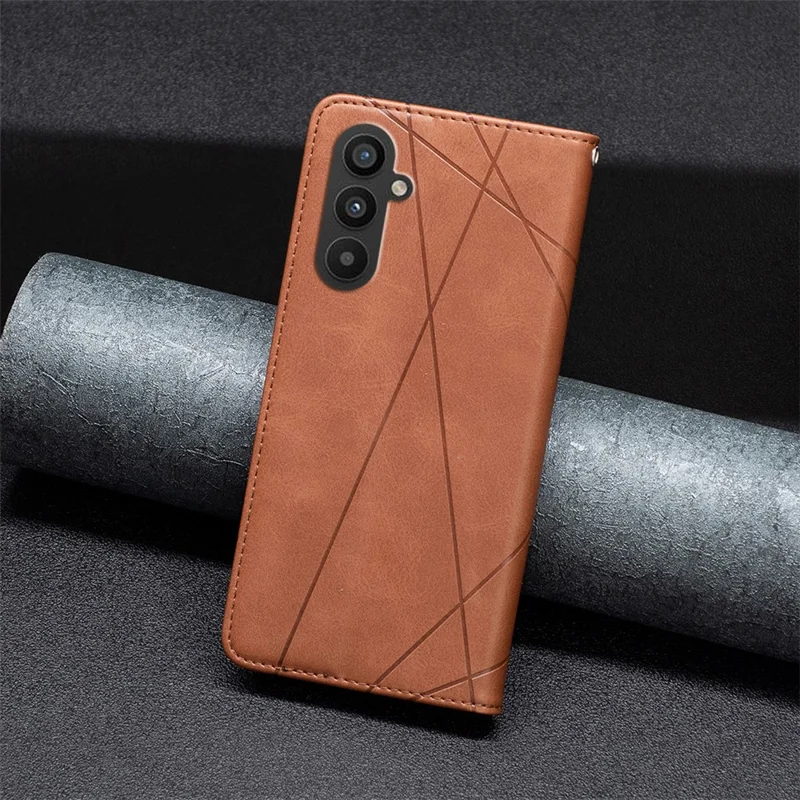 For Samsung Galaxy A25 5G (Global) (161.0 x 76.5 x 8.3mm) Card Holder Mobile Case Imprinted Line Leather Stand Phone Cover - Brown