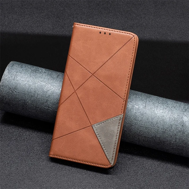 For Samsung Galaxy A25 5G (Global) (161.0 x 76.5 x 8.3mm) Card Holder Mobile Case Imprinted Line Leather Stand Phone Cover - Brown