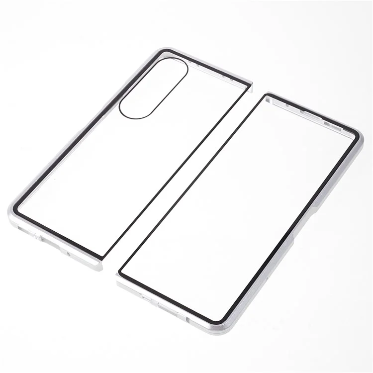 For Samsung Galaxy Z Fold4 5G Phone Case Magnetic Adsorption Metal Frame + Tempered Glass Clear Phone Cover - Silver