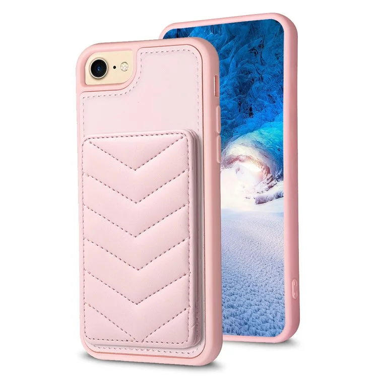 BF26 For iPhone 6 / 6s / 7 / 8 / SE (2020) / SE (2022) Card Holder Kickstand Case Wave Stitching Texture TPU+PU Leather Phone Cover - Pink