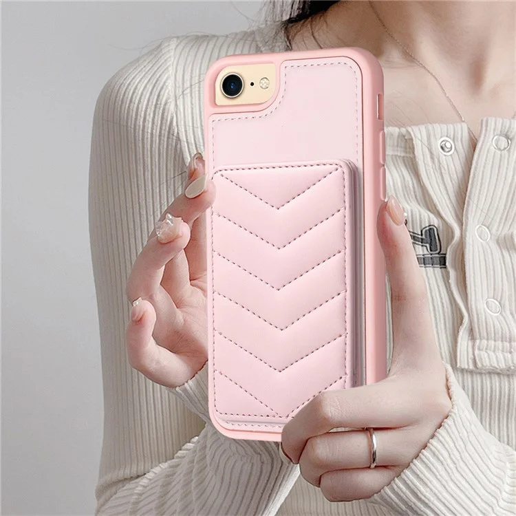 BF26 For iPhone 6 / 6s / 7 / 8 / SE (2020) / SE (2022) Card Holder Kickstand Case Wave Stitching Texture TPU+PU Leather Phone Cover - Pink