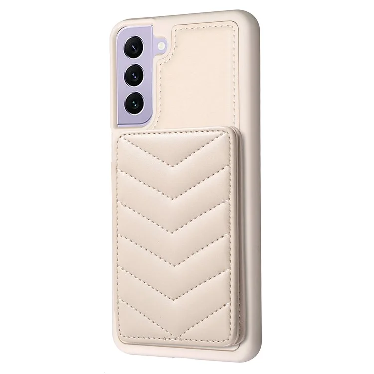 BF26 Card Holder Kickstand Case per Samsung Galaxy S21 FE 5G Texture a Onda di Cucitura in PU+TPU Cover per Telefono - Beige