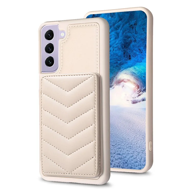 BF26 Card Holder Kickstand Case per Samsung Galaxy S21 FE 5G Texture a Onda di Cucitura in PU+TPU Cover per Telefono - Beige