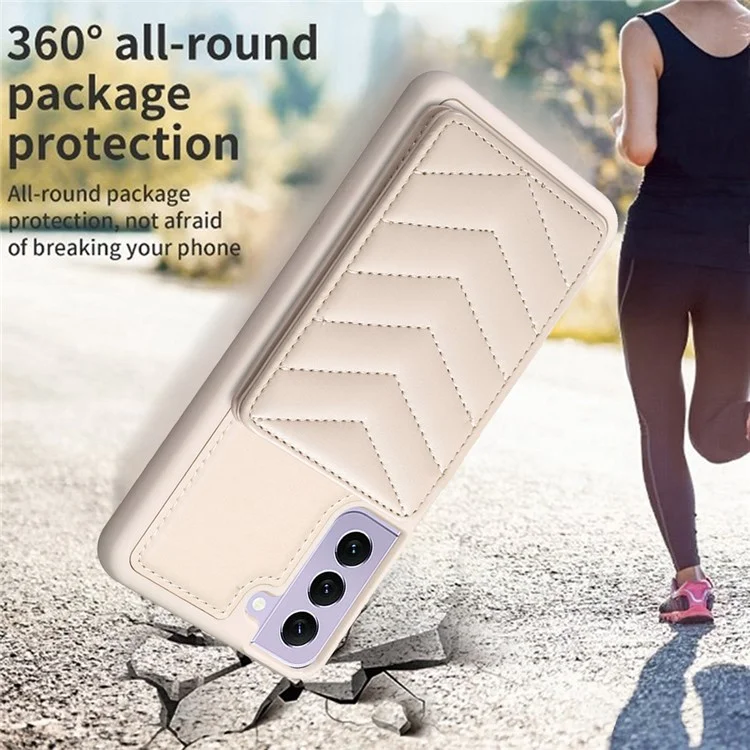 BF26 Card Holder Kickstand Case per Samsung Galaxy S21 FE 5G Texture a Onda di Cucitura in PU+TPU Cover per Telefono - Beige