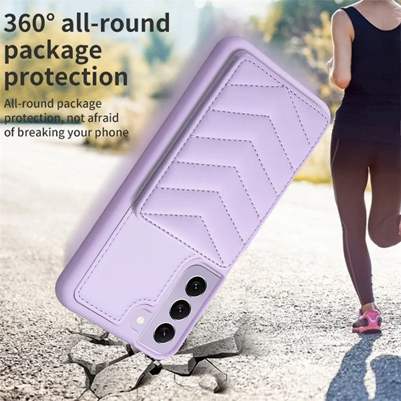 BF26 Card Holder Kickstand Case for Samsung Galaxy S21 FE 5G Wave Stitching Texture PU+TPU Phone Cover - Purple