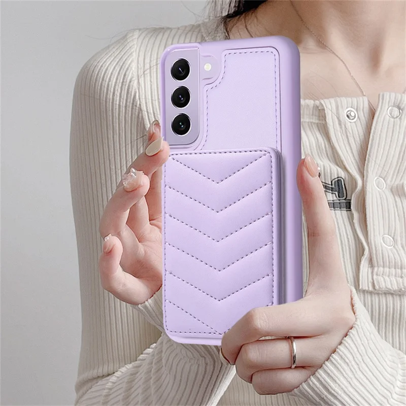 BF26 Card Holder Kickstand Case for Samsung Galaxy S21 FE 5G Wave Stitching Texture PU+TPU Phone Cover - Purple