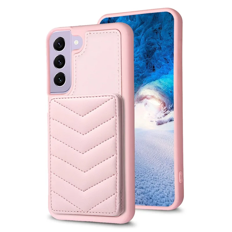 BF26 Card Holder Kickstand Case for Samsung Galaxy S21 FE 5G Wave Stitching Texture PU+TPU Phone Cover - Pink