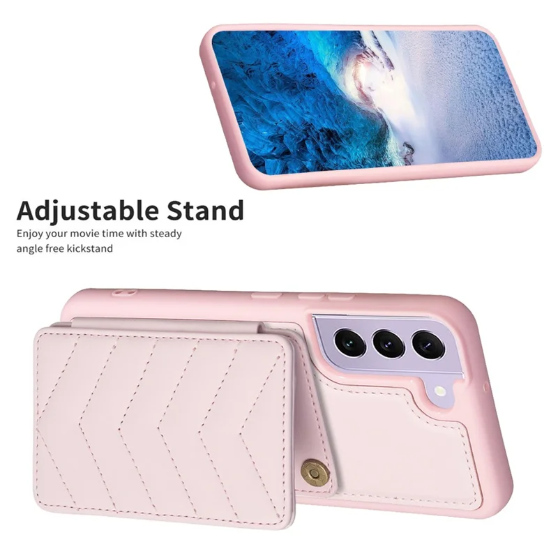 BF26 Card Holder Kickstand Case for Samsung Galaxy S21 FE 5G Wave Stitching Texture PU+TPU Phone Cover - Pink