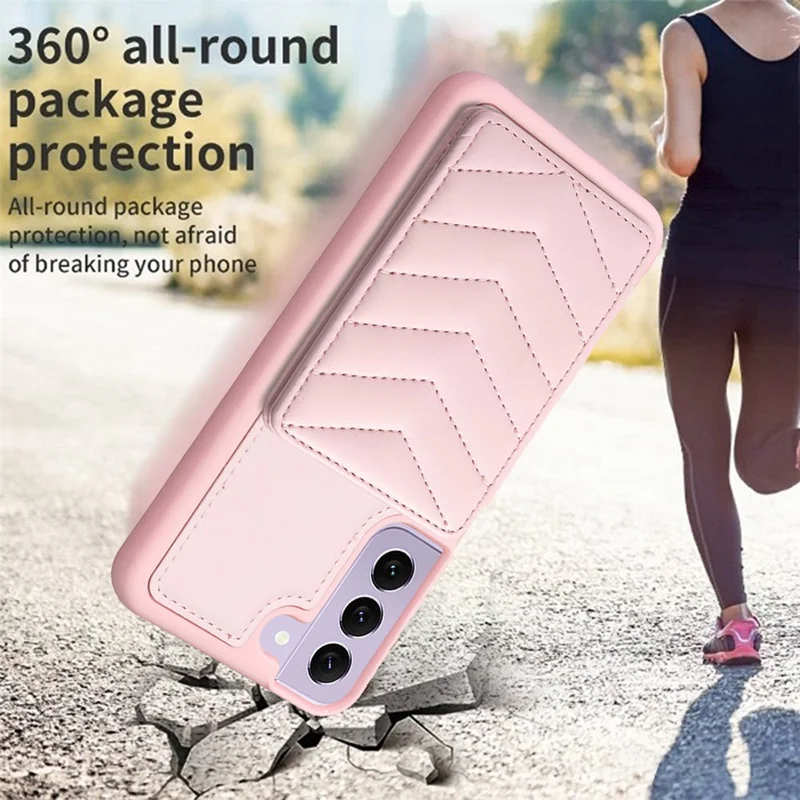 BF26 Card Holder Kickstand Case for Samsung Galaxy S21 FE 5G Wave Stitching Texture PU+TPU Phone Cover - Pink
