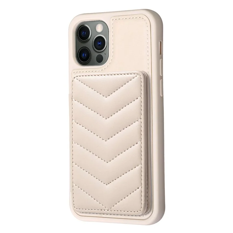 BF26 Para iPhone 12 / 12 Pro Porta-cartão TPU+PU Leather Phone Case Wave Texture Stitching Line Kickstand Phone Cover - Bege