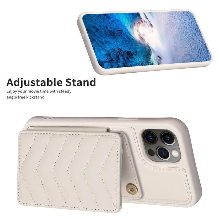 BF26 Para iPhone 12 / 12 Pro Porta-cartão TPU+PU Leather Phone Case Wave Texture Stitching Line Kickstand Phone Cover - Bege
