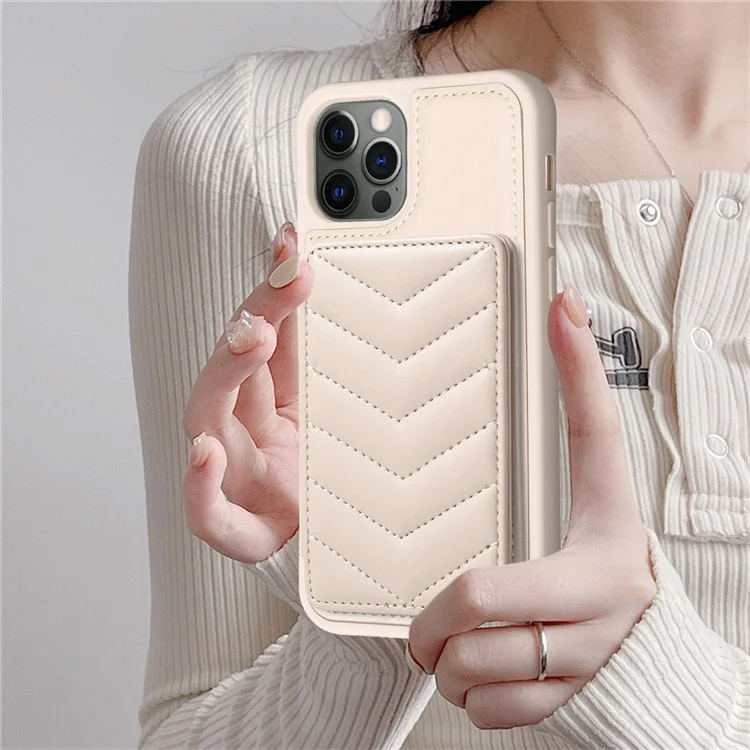 BF26 Para iPhone 12 / 12 Pro Porta-cartão TPU+PU Leather Phone Case Wave Texture Stitching Line Kickstand Phone Cover - Bege