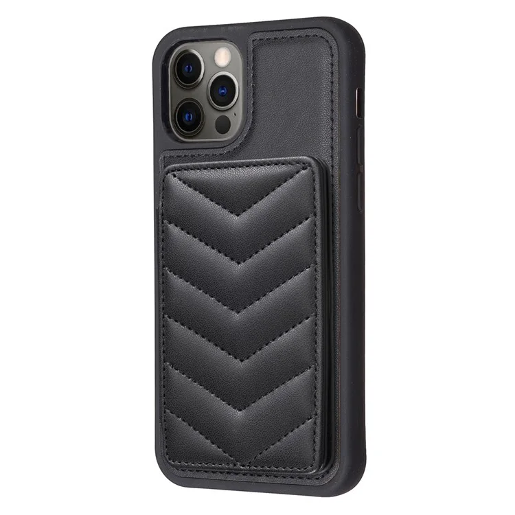 BF26 For iPhone 12 Pro Max Slim-Fit Wave Texture Phone Case Card Holder Kickstand TPU+PU Leather Phone Shell - Black