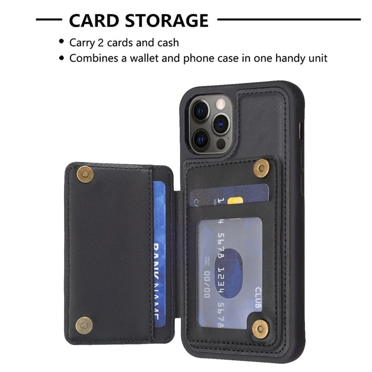 BF26 For iPhone 12 Pro Max Slim-Fit Wave Texture Phone Case Card Holder Kickstand TPU+PU Leather Phone Shell - Black